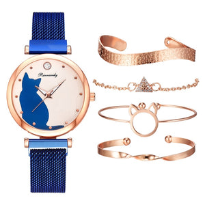 Open image in slideshow, 5pcs/set Women Watches Rose Gold Bracelet Set Cat Pattern Black Magnet Watch Ladies Bracelet Wrist Watches Luxury Quartz Clock
